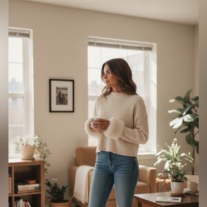 Zara Cream Ribbed Knit Top with faux fur cuffs